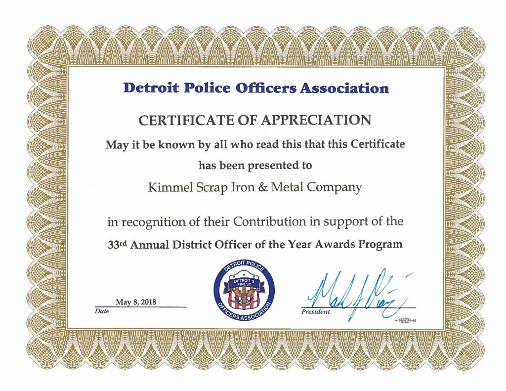 Certificate of Appreciation Kimmel