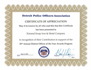 Detroit Police Officers Association - Certificate of Appreciation. 33rd Annual Officer of the Year Award